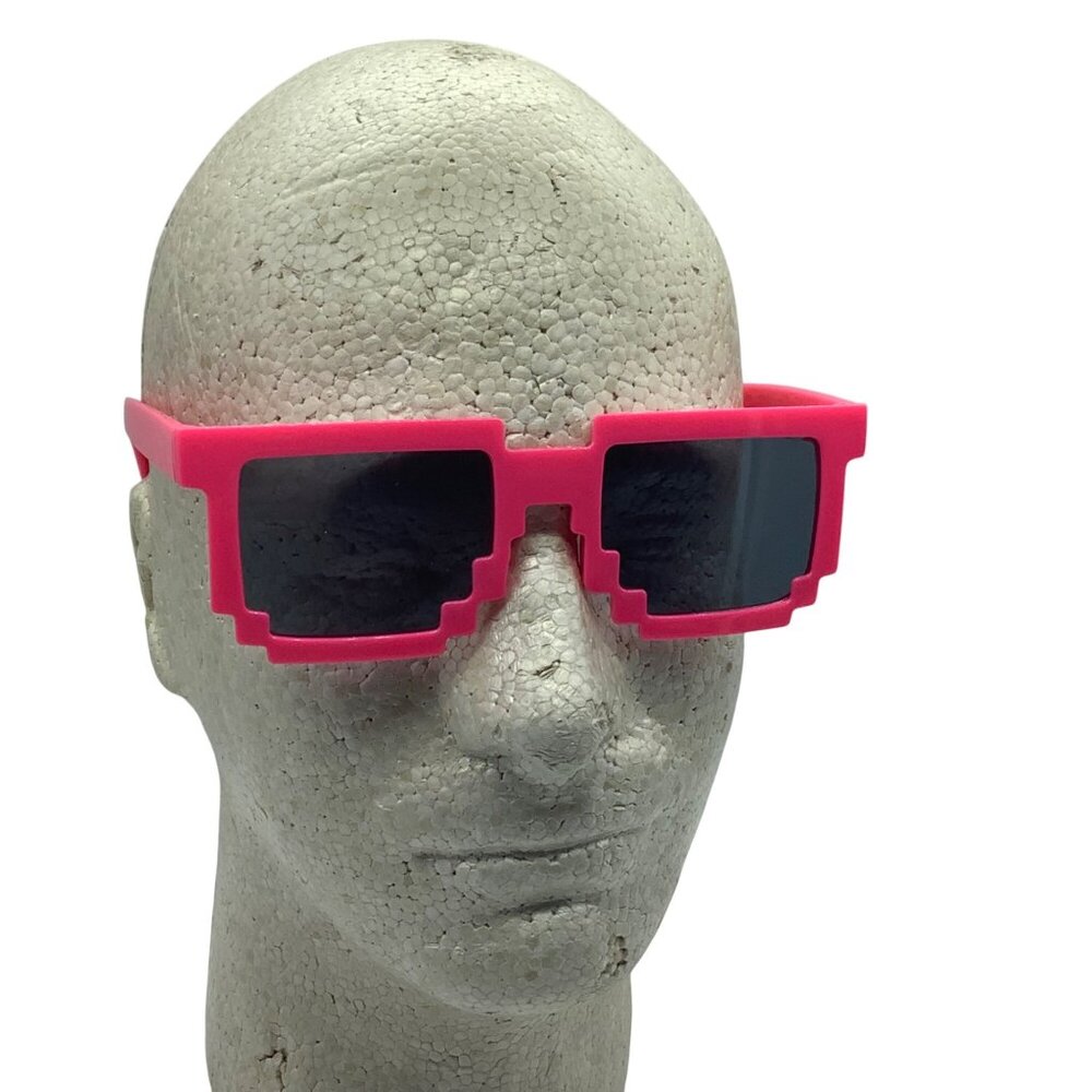 Pixelated Blocky Sunglasses 8-Bit Style Pink Frame Black Lenses Retro Gamer OS